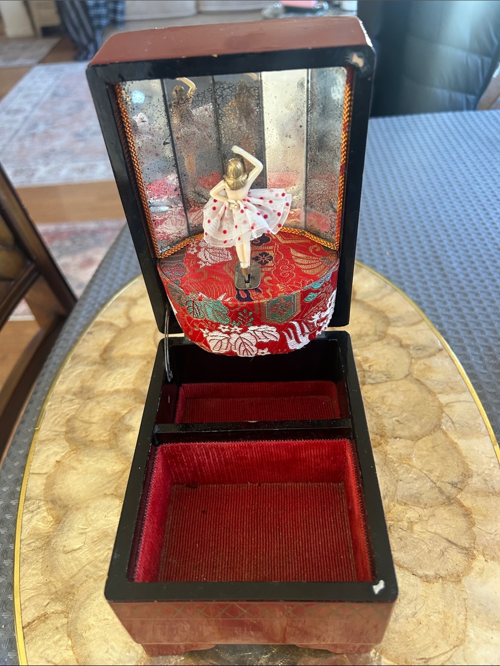 Vintage Japanese, ballerina music box, red, black, and gold